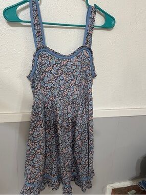 Blue Floral Sundress with Pink & Cream Accents